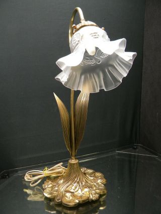 Vintage Brass Art Deco Goose Neck Lily Pad Lamp With Embossed Ruffled Shade