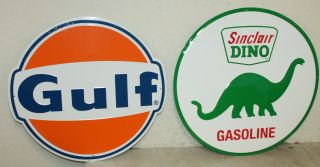 2 Large Vintage Style 24 " Gulf & Sinclair Gas Station Signs Man Cave Garage