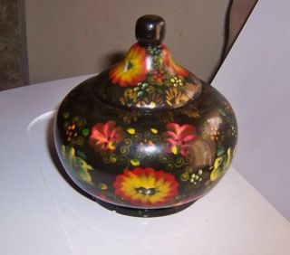 Vintage Russian Wooden Hand Painted Lacquer Covered Bowl Box Pretty