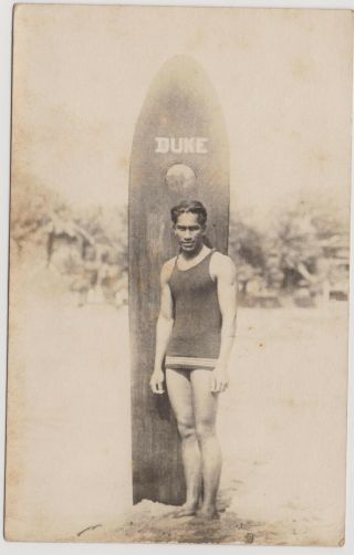 Young Duke Kahanamoku With His Surfboard Real Photo Postcard C1913 Hawaii Surfer