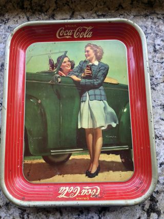 1942 Coca Cola Tray " Two Girls With A Car " Coke Bottle Look