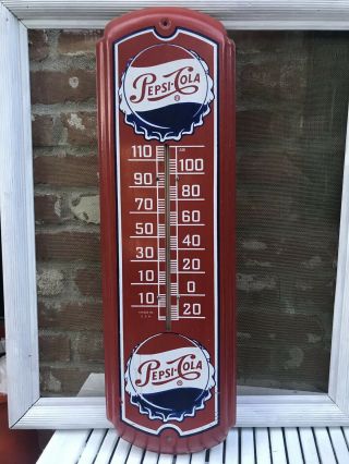 Vintage 1960s Pepsi Cola Advertising Thermometer Gas Station Metal Sign Soda Pop