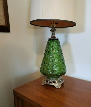Vtg Mid Century Optic Emerald Green Glass & Brass Hollywood Regency Lamp 27 "