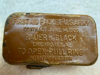 Pre - Ww1 Bauer & Black Chicago First Aid Kit Packet Army Tin,  Dated 1909