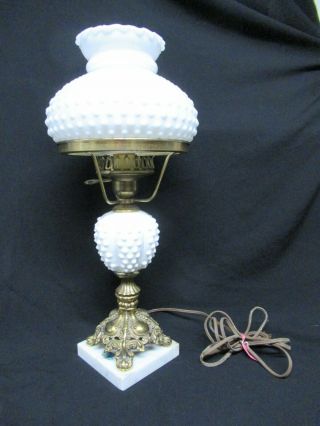 Vintage White Glass Hobnail Hurricane Table Lamp With Ruffled Shade Brass Base