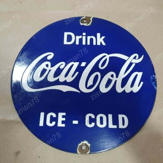 Drink Coca Cola Blue Vintage Porcelain Sign 12 Inches Round