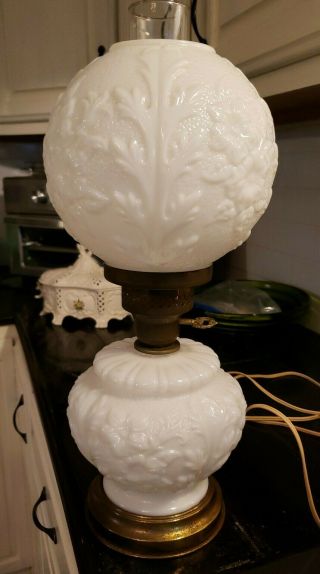Vintage Hurricane Lamp White Milk Glass Embossed Floral 19 " Tall Double Globe.