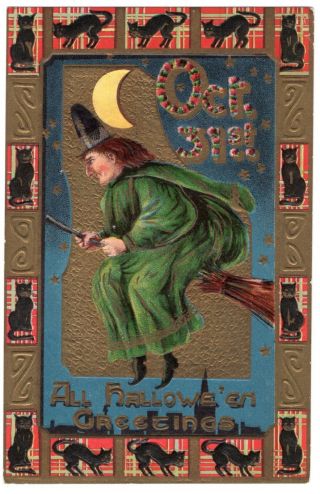 Gottschalk Dreyfuss & Davis Halloween Postcard Series 2279 - Witch Flying Broom.