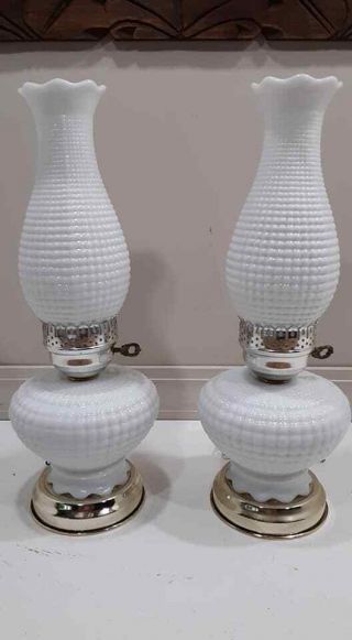 Vintage Hobnail Milk Glass Hurricane Lamp Pair