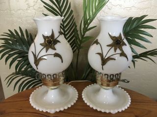 Vintage Set Of 2 White Milk Glass Hurricane Table Lamp W/ Brass Applied Flowers