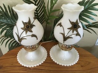 Vintage Set of 2 White Milk Glass Hurricane Table Lamp w/ Brass Applied Flowers 2