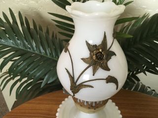 Vintage Set of 2 White Milk Glass Hurricane Table Lamp w/ Brass Applied Flowers 3