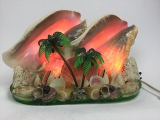 Vintage Mcm Double Conch Sea Shell Palm Trees Tiki Tv Lamp Tabletop Light