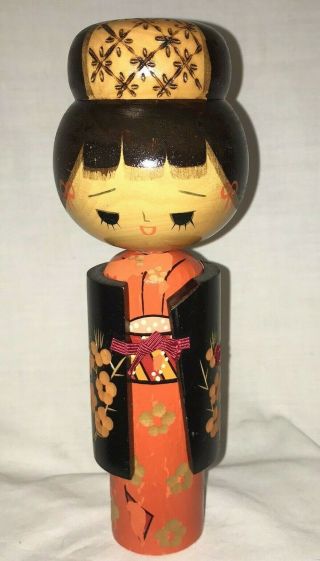Japanese Kokeshi Wooden Doll Girl 8.  5 " Carved Flowers Chipped Paint Signed