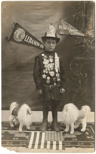 Rppc Real Photo Postcard Little Boy Dressed Firemans Convention Lebanon,  Pa.  1912