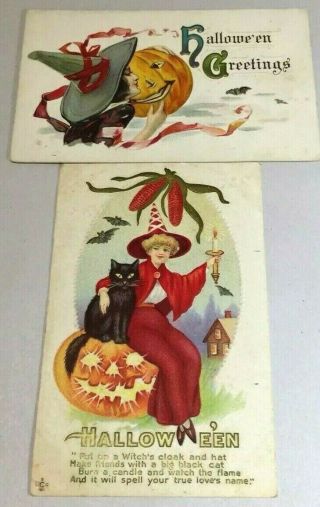 Vintage Halloween Postcards Witch Black Cat Jol Series 216a,  332e Embossed 1911