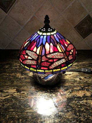 Small Tiffany Style Dragonfly Table Boudoir Lamp Leaded Glass Mosaic Base Bronze