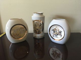 Art Of Chokin 3 Vases 24k Gold Edged,  Swans Peacocks & Warriors Made In Japan