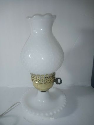 Vintage Fenton White Milk Glass Hobnail Hurricane Bedside Table Lamp 2