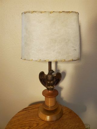 Vintage Mid Century Maple Wood Eagle Lamp With Fiberglass Shade.