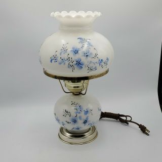 Vintage Milk Glass W/ Hand Painted Blue Flower Electric Hurricane 2 Lamp -