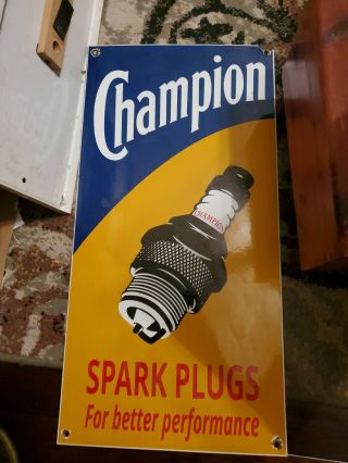 Vintage Porcelain Champion Spark Plug Gas And Oil Sign