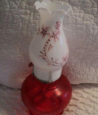 Vtg Ruby Red Oil Lamp W/milk White Pink Floral Raised Beaded Decoration Complete