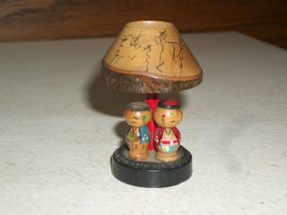 Miniature Kokeshi Nodder Dolls Boy & Girl - Table Lamp With Shade 2 1/2 " Tall