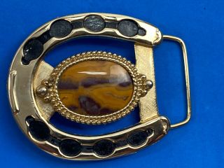 Vintage Gold Brass - Tone Horseshoe Belt Buckle With Stone Centerpiece