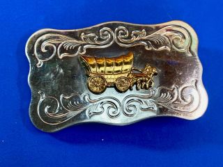 Vintage Nickel Silver Horses Pulling Covered Wagon Western Belt Buckle Chambers