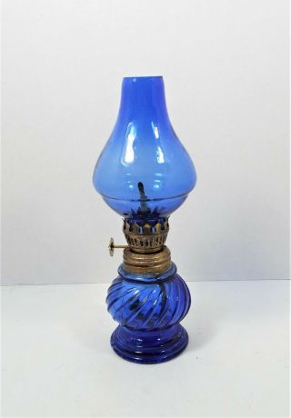 Vintage Cobalt Blue Hurricane Lamp Made In Hong Kong In Good