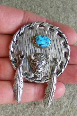 C J Sterling Silver Turquoise Coral Buffalo Circular Pendant Feathers 15 Grams