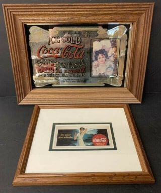 Large Vintage Coca Cola Mirror In Wood Frame Classic Pub Bar Sign (15”x11”)