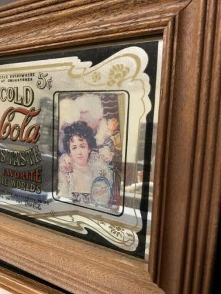 LARGE VINTAGE COCA COLA MIRROR IN WOOD FRAME CLASSIC PUB BAR SIGN (15”x11”) 2