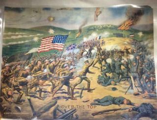 Renesch Chicago 1918 Over The Top Lithograph Poster Wwi Patriotic
