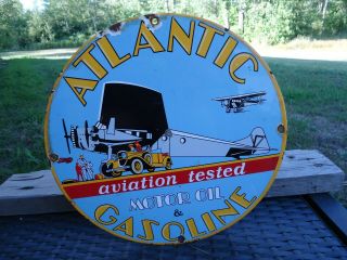 Old 1939 Atlantic Aviation Motor Oil & Gasoline Porcelain Gas Station Pump Sign