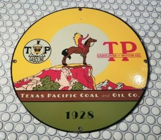 Vintage Texas Pacific Coal Motor Oil Indian Porcelain Gasoline Service Pump Sign
