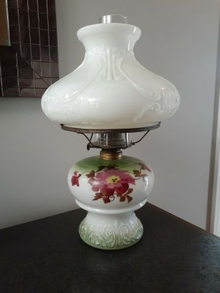 Vintage Antique Embossed Floral Milk Glass 16 " Kerosene Oil Lamp Hand Painted