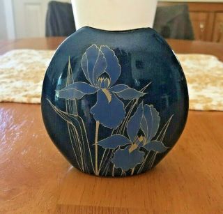 Vintage Otagiri Blue Bud Vase Purple And Gold Iris Hand Crafted Ceramic Japan