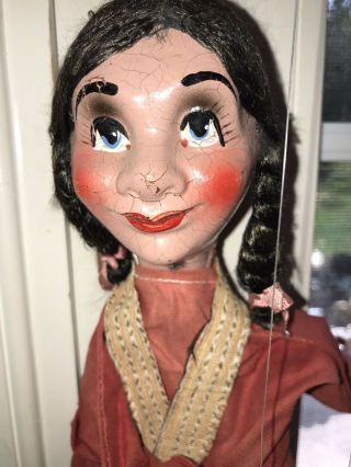 Vintage Mexican Woman Marionette Folk Art Wood Composition String Puppet