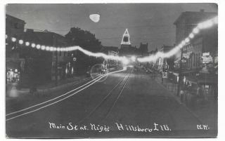 Early 1900s Rppc Hillsboro Illinois Main Street Scene At Night