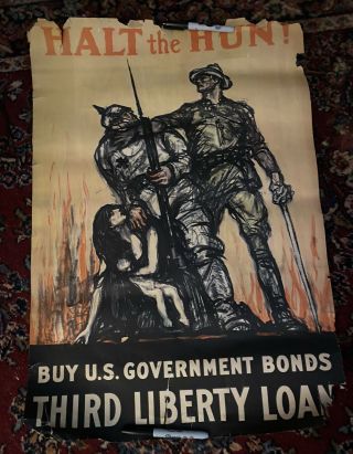 Vintage World War One Ww1 Poster Halt The Hun Old Fragile Ok Cond