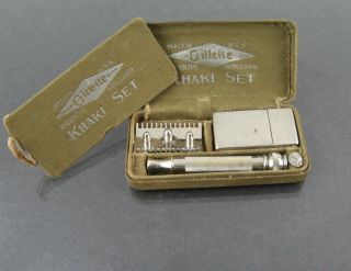 Ww1 Us Army Military 1918 Gillette Safety Razor Khaki Set E 730294