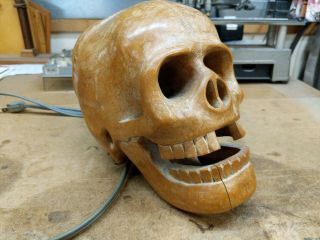 Vintage Wood Wooden Human Skull Carved Desk Lamp Halloween Macabre