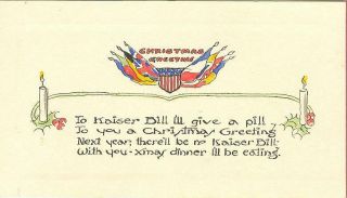 Wwi Era Anti - German (kaiser Bill) Propaganda,  Art Deco Christmas Card