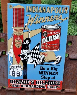 Lg Vintage Old 1950s Gilmore Lionhead Gasoline Us 66 Porcelain Gas Station Sign