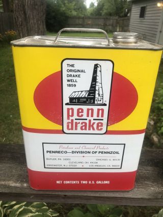 Vintage Penn Drake 2 Gallon Oil Can Gas Oil Soda Penreco Butler Pa
