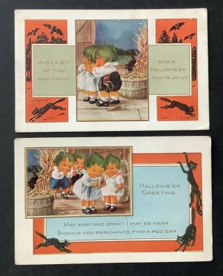 Vintage Whitney Halloween Postcards (2) Pixie Children W/lucky Red Ears Of Corn