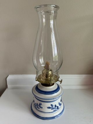 Vintage Lamplight Farms Ceramic Blue Floral Pattern Oil Lamp 13”
