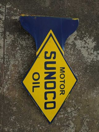 Porcelain Sunoco Motor Oil Enamel Sign Size 21 " X 15 " Inches 2 Sided
